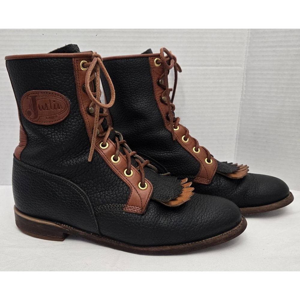 Vtg Justin Lacer Roper Kiltie Boots Women's 7B Navy Blue Brown Leather LO537 USA